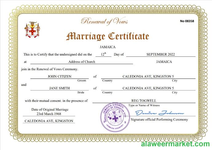 Jamaica marriage certificate Word and PDF template